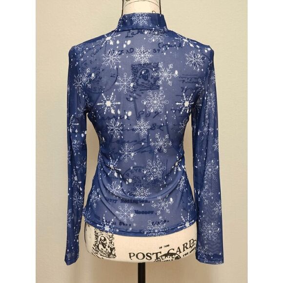 ❄️ Snowflake Print ️Long Sleeve Mock Neck Navy Blue Sheer Mesh Top SIZE L NEW - Picture 9 of 11